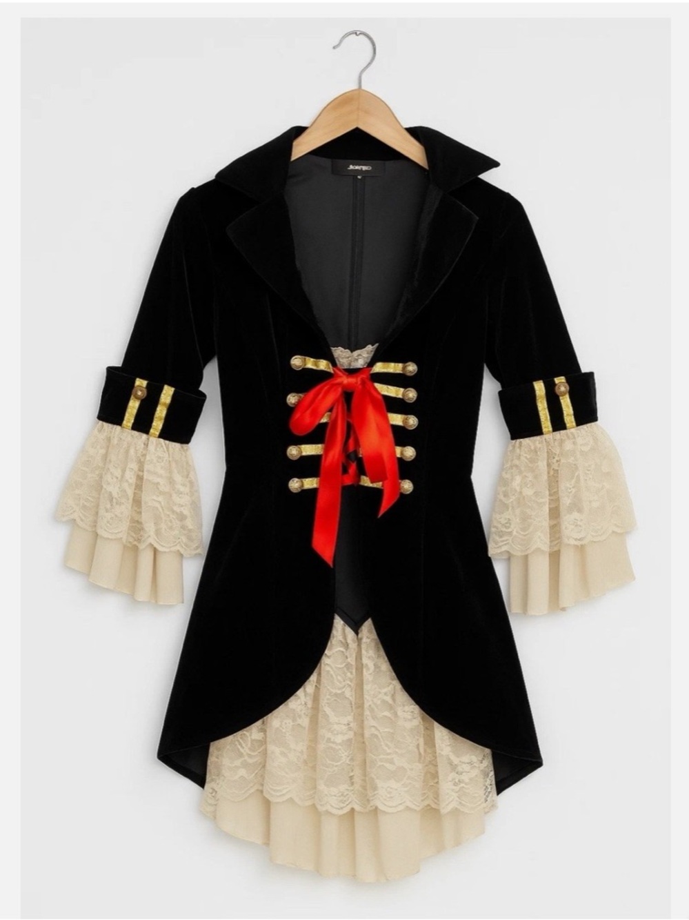 Leg Avenue Black Velvet Pirate Coat with Cream Lace and Red Bow
